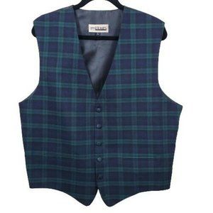 Men's 100% Wool Plaid Green Blue Button Up Vest US Large. Adjustable back.